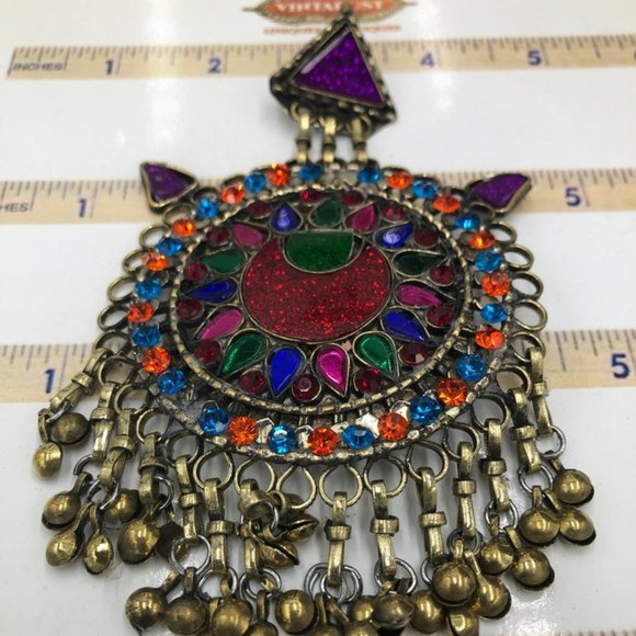 Afghan Vintage Multicolor Glass Stones teeka, Massive teeka With Dangling Bells